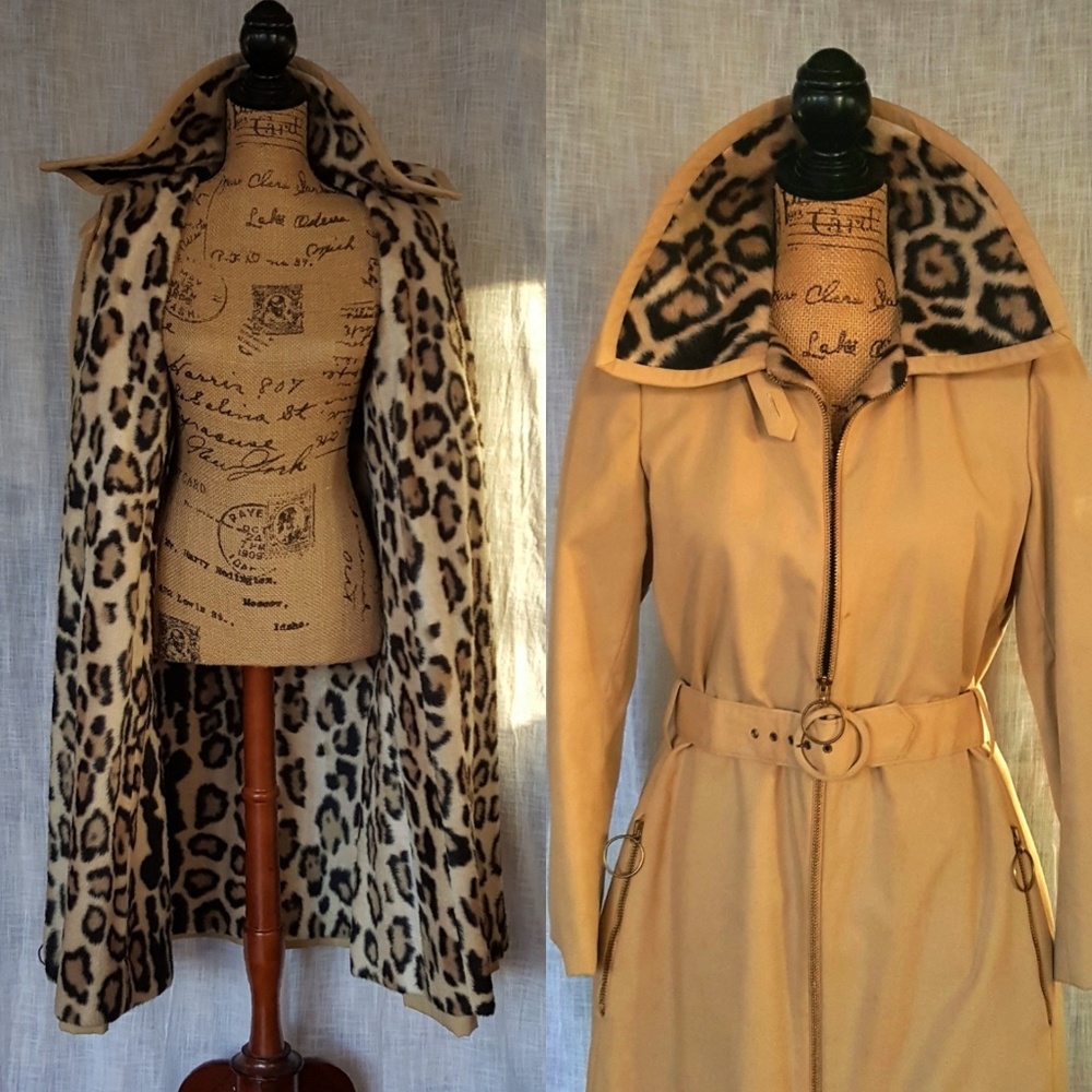 VINTAGE trench coat lined animal print belted